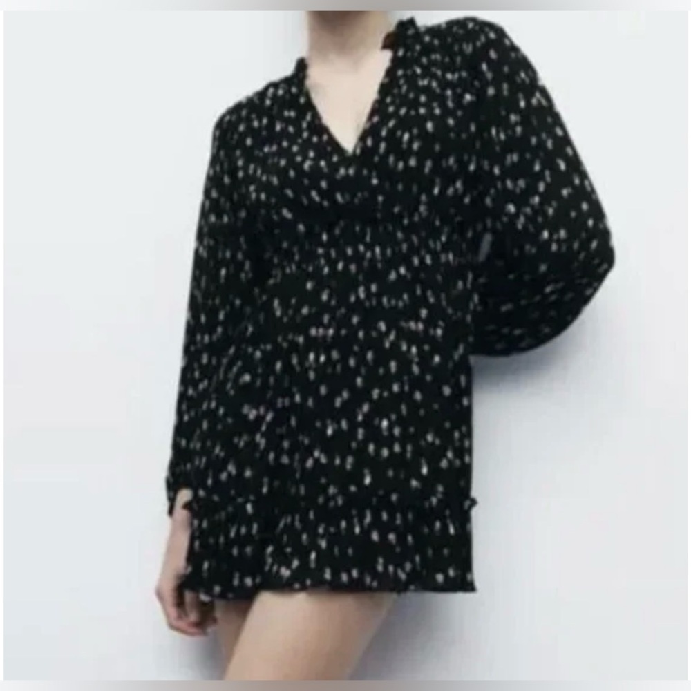 Zara Floral V-neck, Long Sleeves Ruffled Trim Mini Dress XS